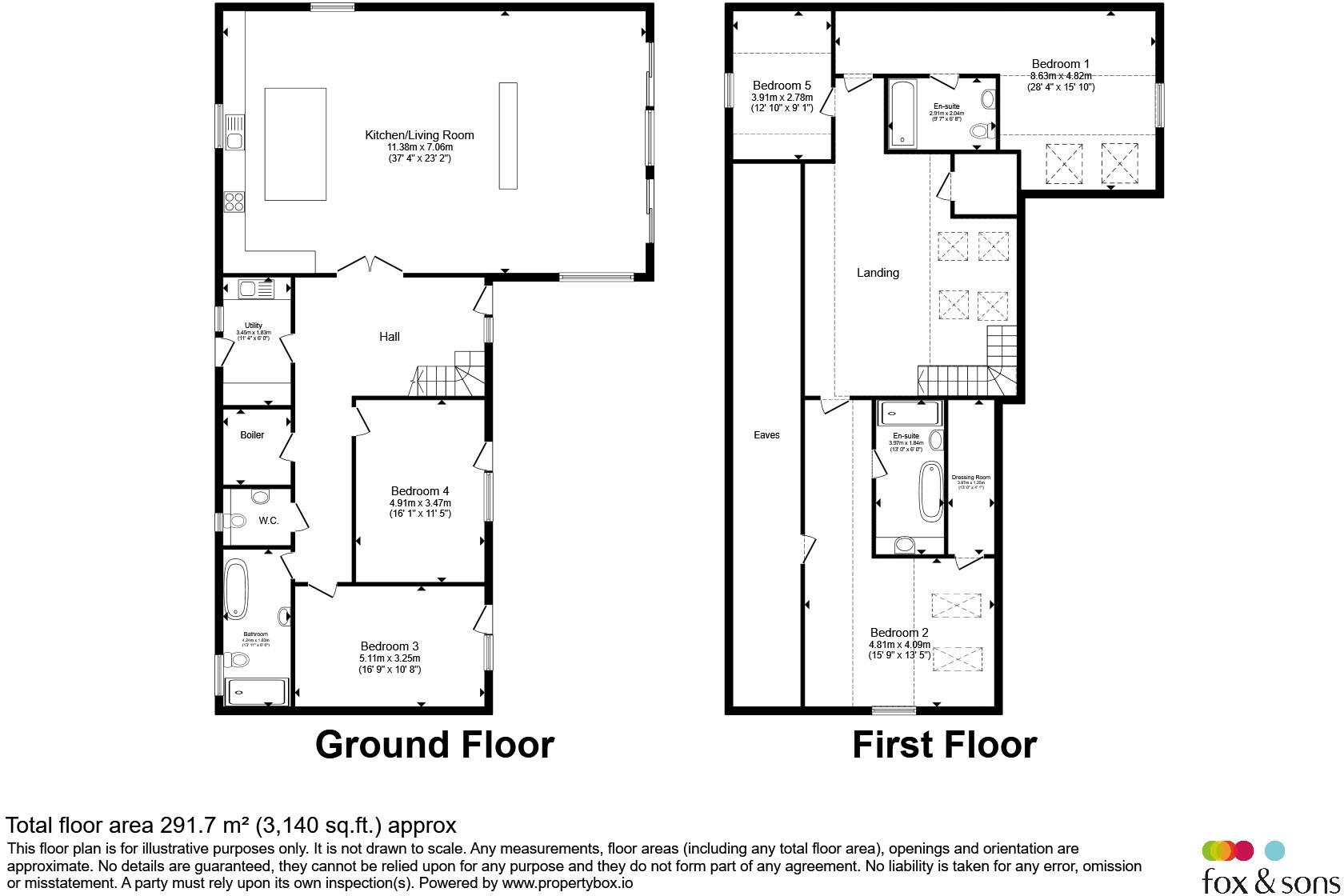 Plot 2 ground and first floor plan showing five bedrooms and kitchen living room